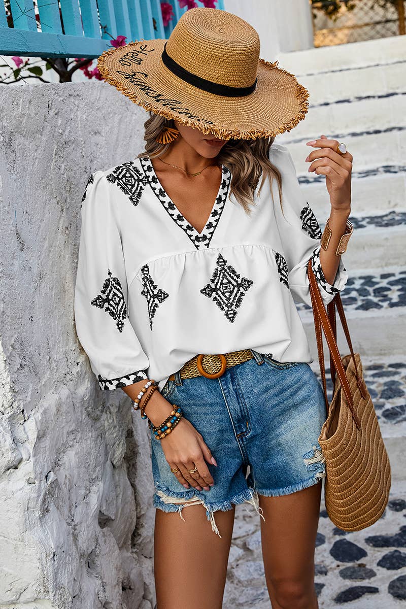 (XL) Printed T Shirt V Neck Loose Puff Sleeves Shirts: WHITE / XL