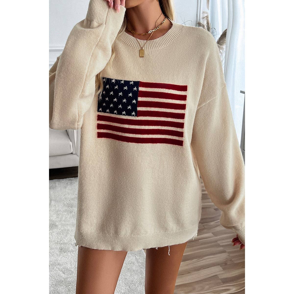 BEIGE S - Knit Round Neck Flag Print Loose Fit Sweater