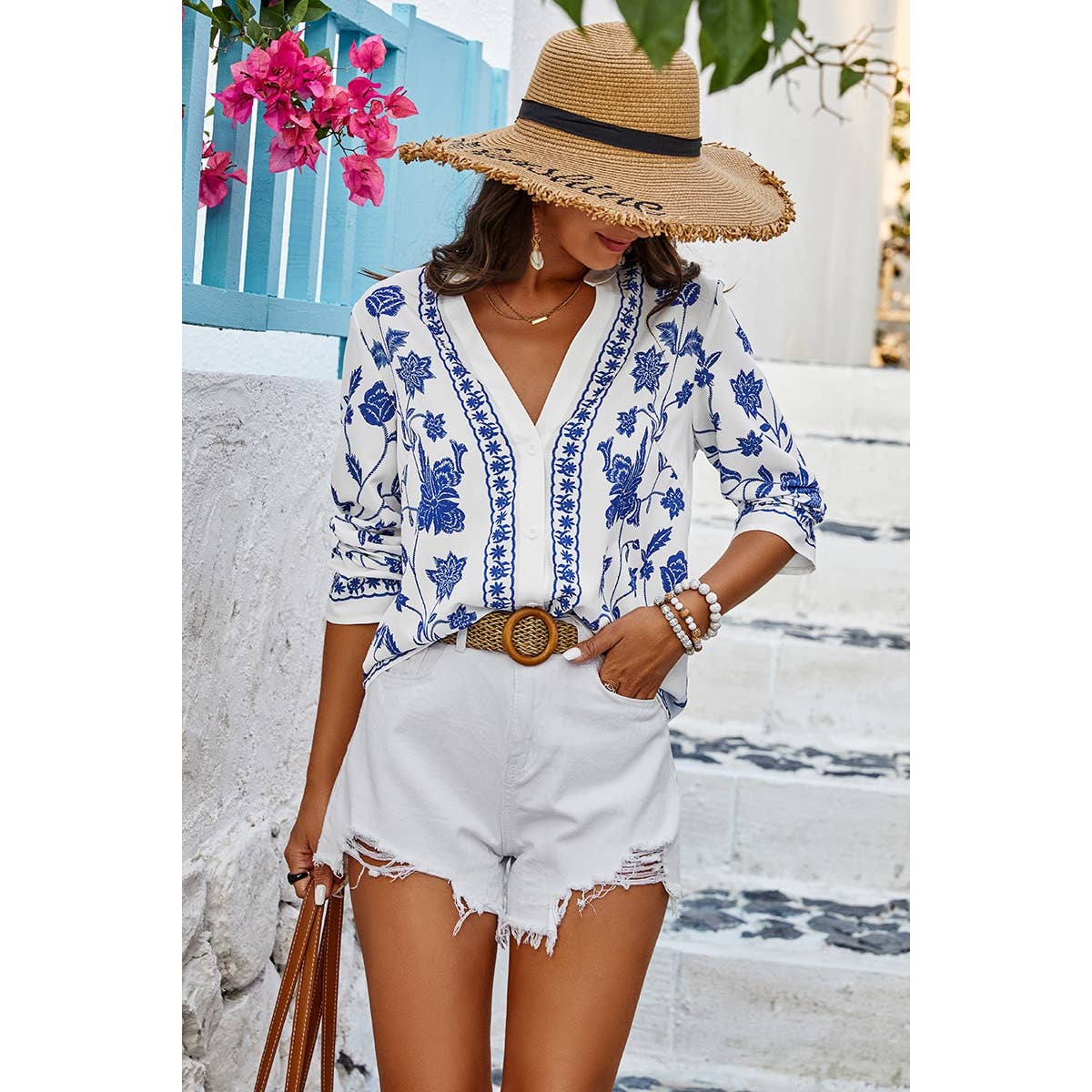Floral Print Notched Collar V Neck Shirt: WHITE / XL