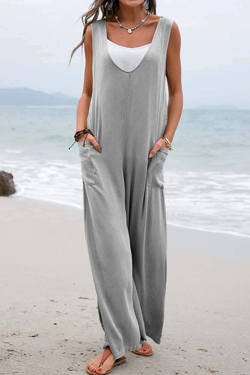 (L) CWSJS1433_SOLID COLOR LOOSE POCKET SLEEVELESS JUMPSUIT: BLACK / (L) 1