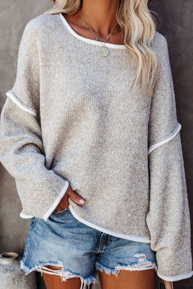 L / CWOSWL1043_Casual Crew Neck Pullover Long Sleeve Sweater: KHAKI /