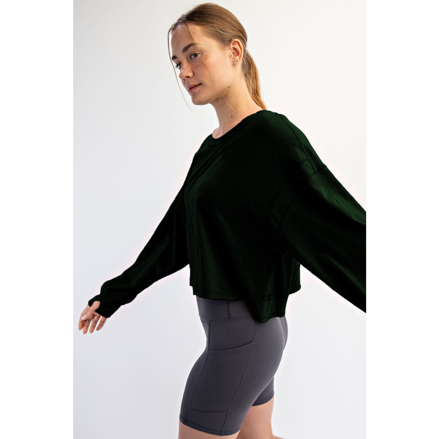 Black / L: COTTON SLUB OPEN BACK LONG SLEEVE TOP