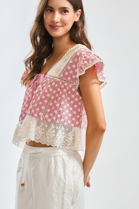 LACE-TRIMMED BLOUSE: RED