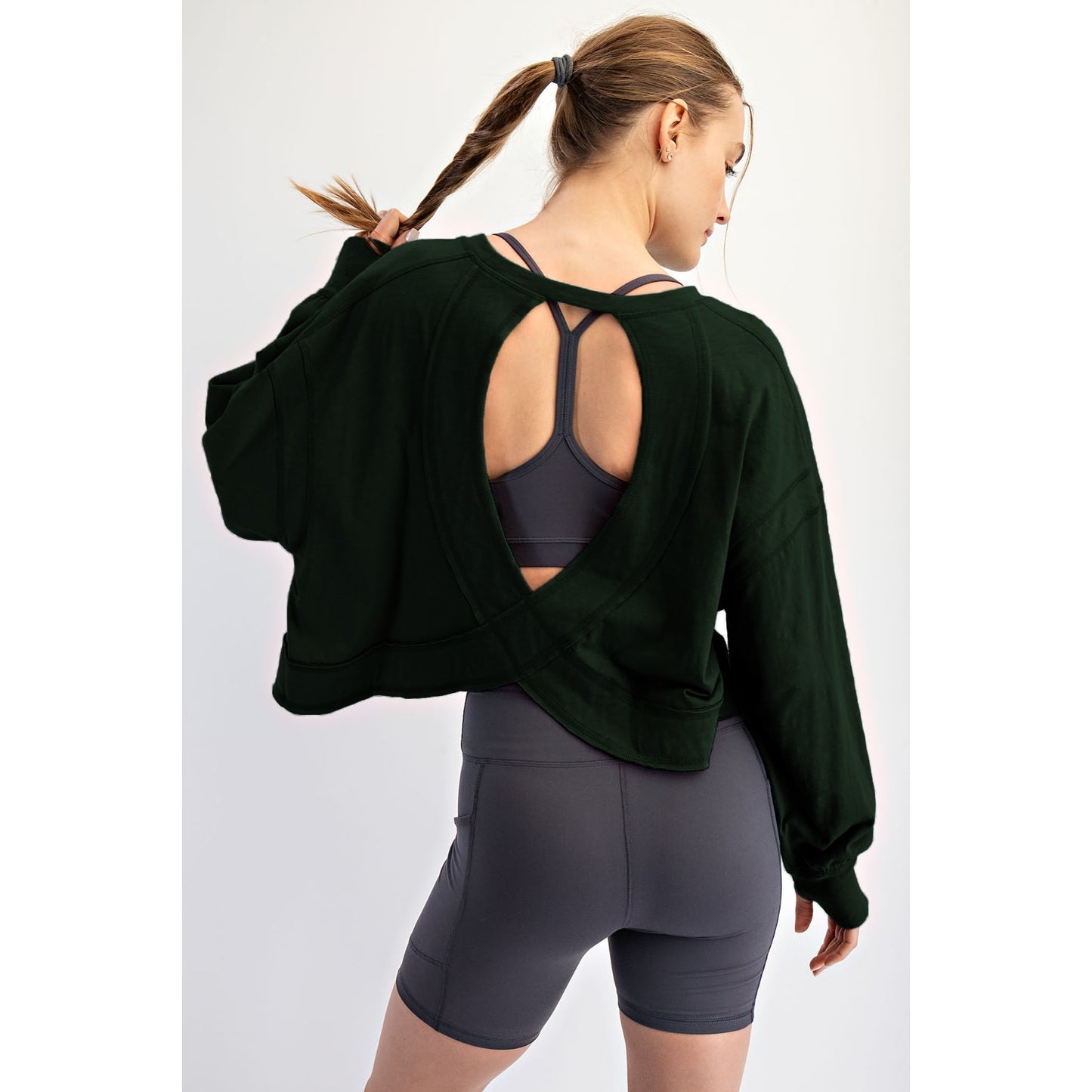 Black / L: COTTON SLUB OPEN BACK LONG SLEEVE TOP