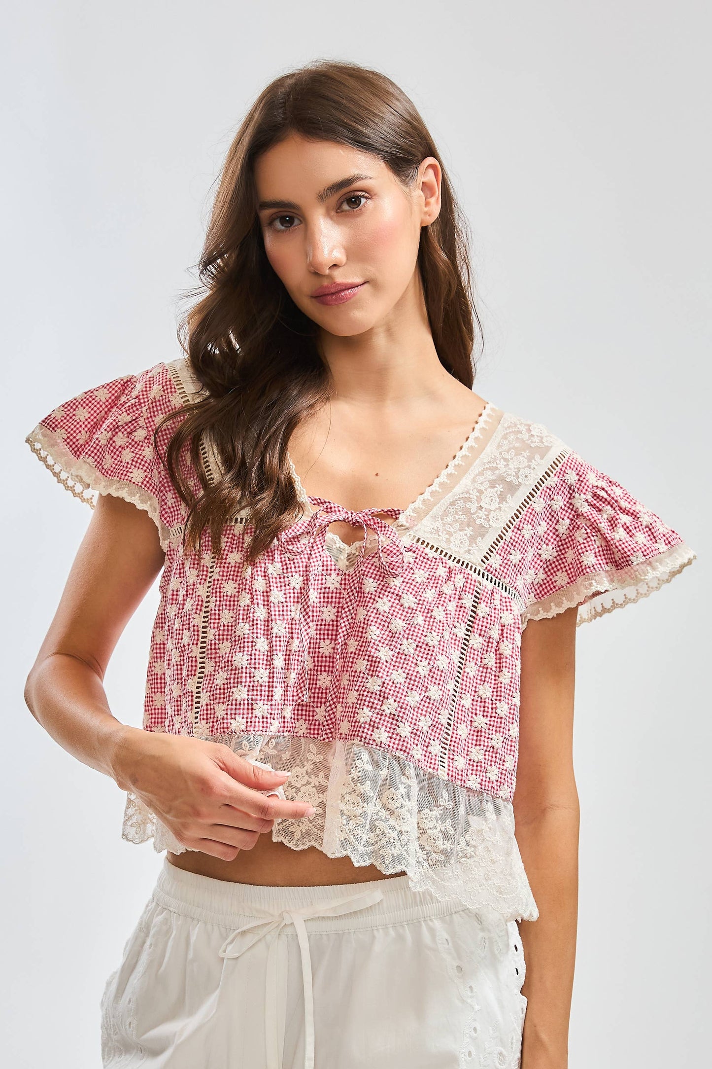 LACE-TRIMMED BLOUSE: SAND