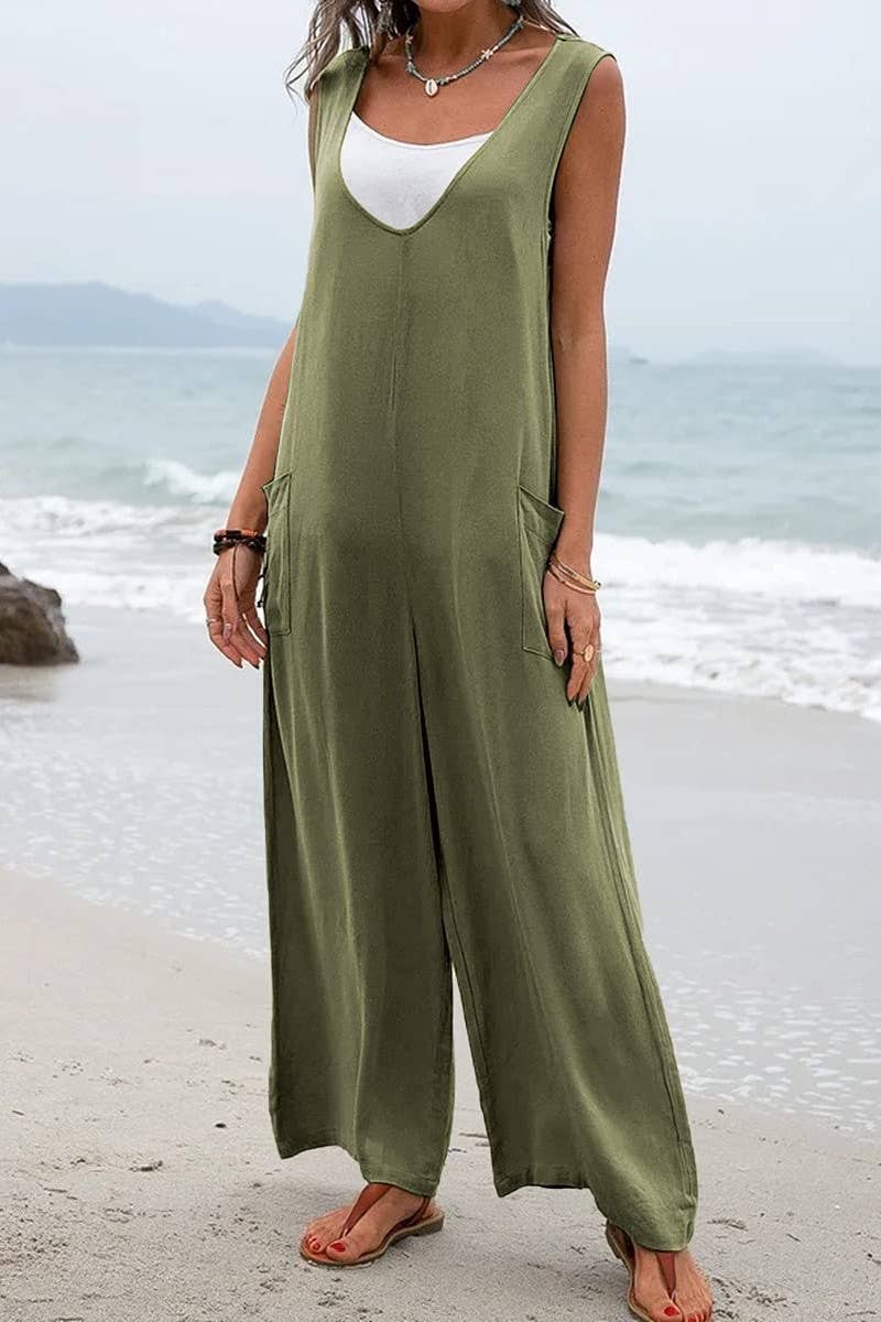 CWSJS1433_SOLID COLOR LOOL / SE POCKET SLEEVELESS JUMPSUIT: KHAKI / (L) 1