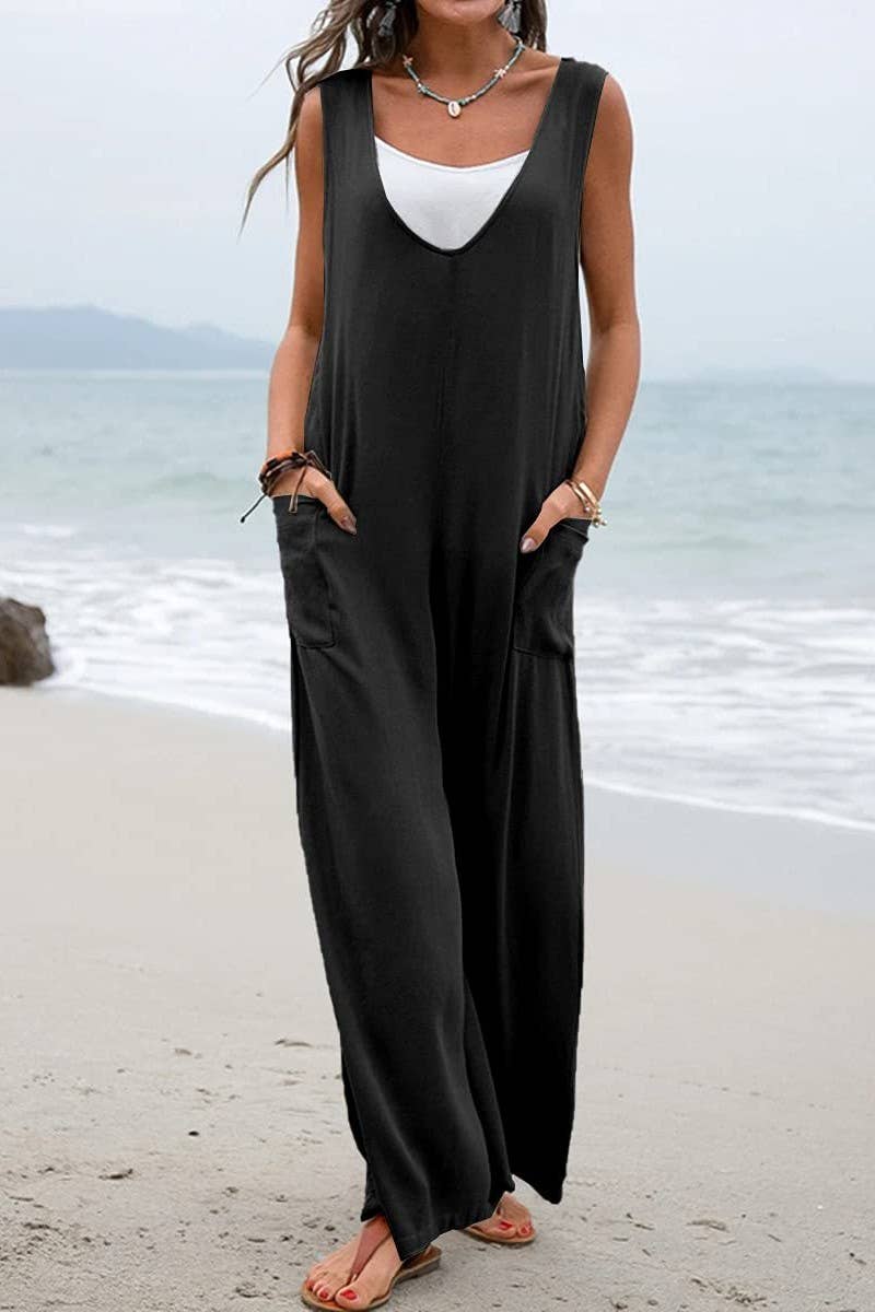 (L) CWSJS1433_SOLID COLOR LOOSE POCKET SLEEVELESS JUMPSUIT: BLACK / (L) 1