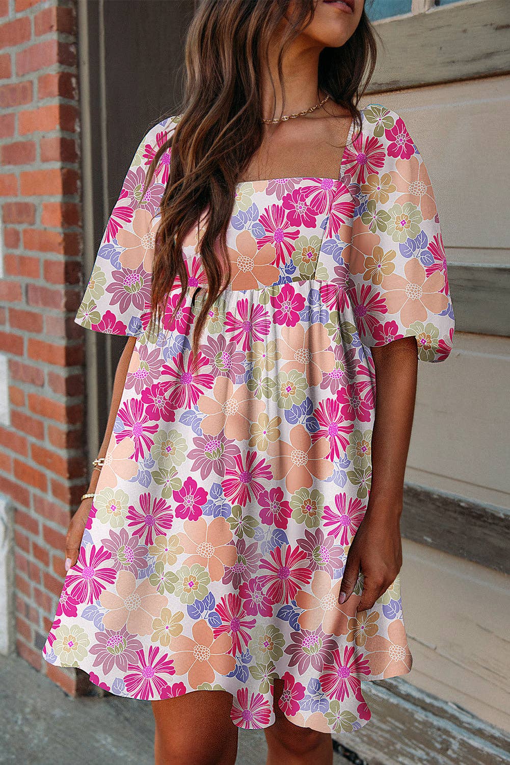 Floral Square Neck Puff Sleeve Babydoll Mini Dress