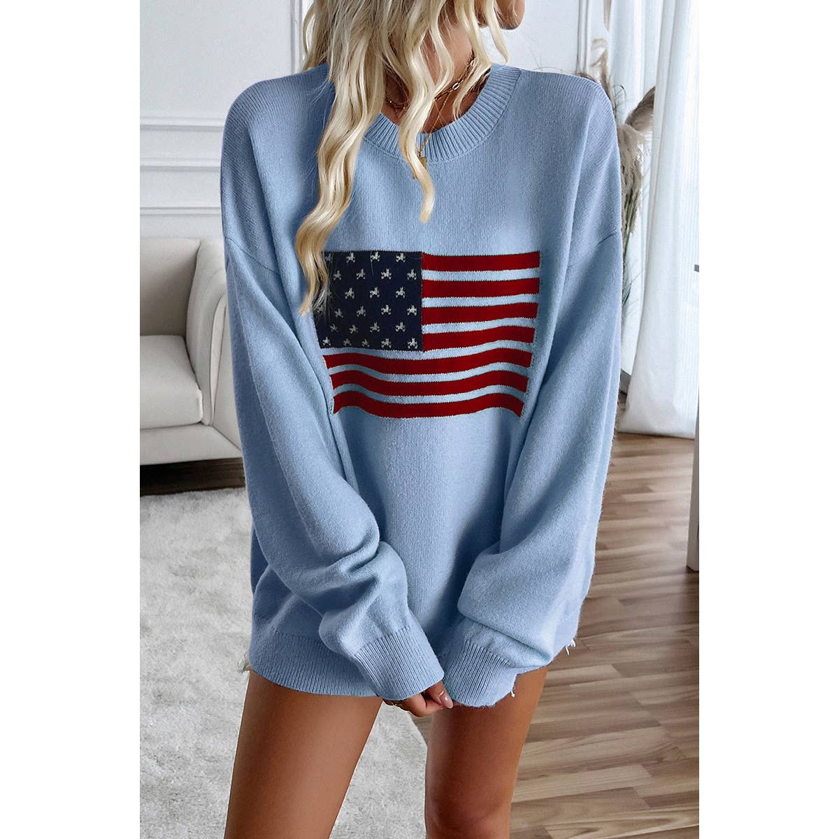 WHITE XL - Knit Round Neck Flag Print Loose Fit Sweater