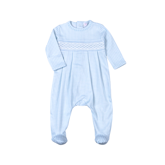 (0-3m) BGG-114 Blue gingham clsssic Pima Hand Smocked Footie: BLUE / BOY / 0-3m