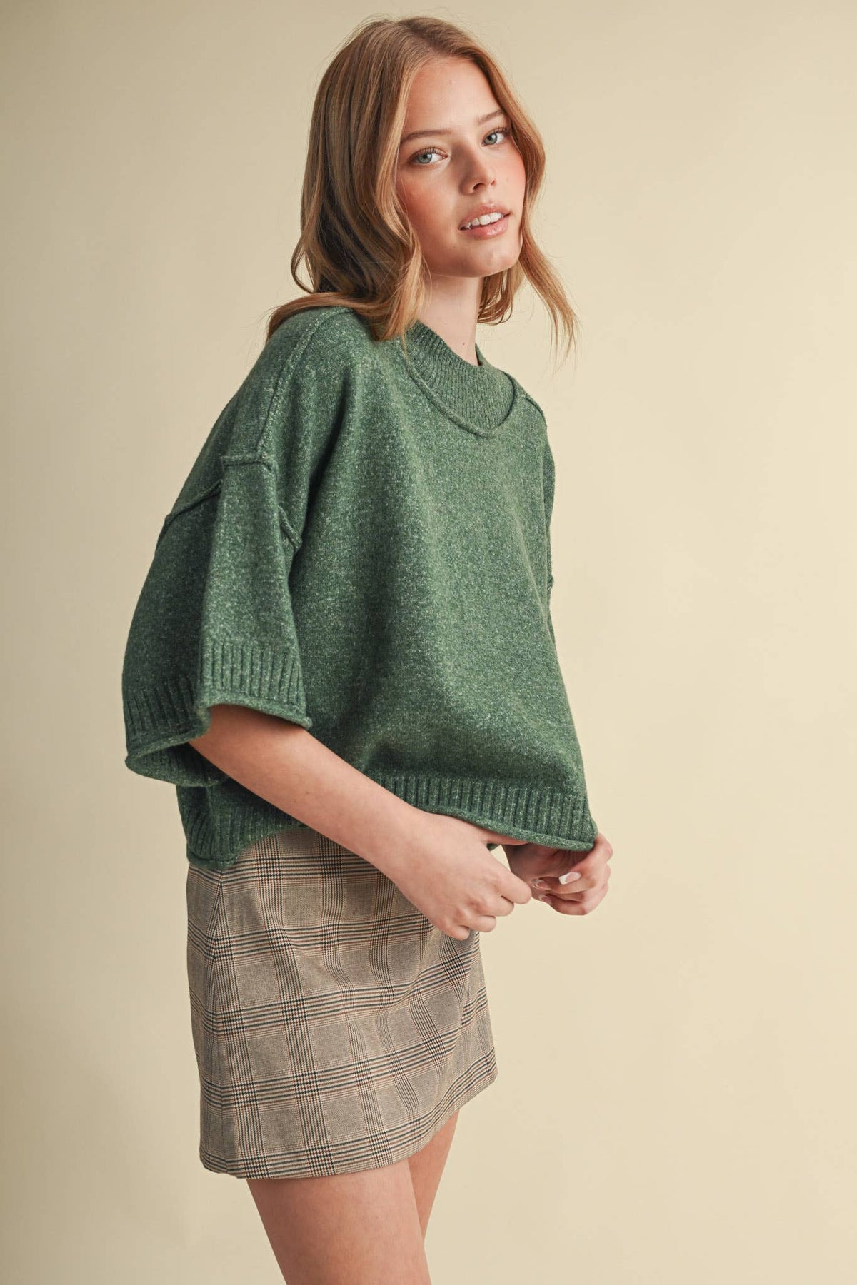 MARLED KNIT MOCK NECK SHORT SLEEVE SWEATER