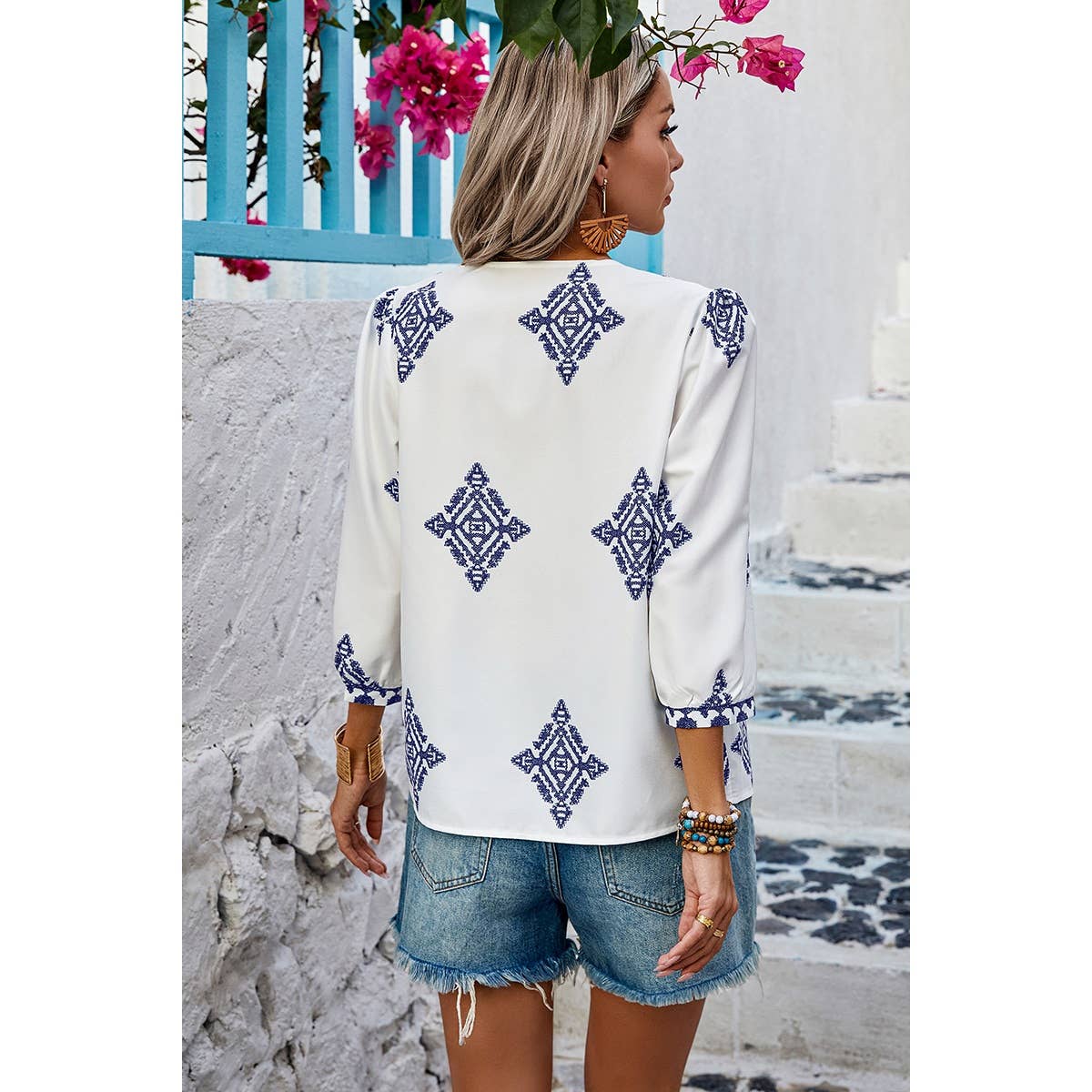 (XL) Printed T Shirt V Neck Loose Puff Sleeves Shirts: WHITE / XL