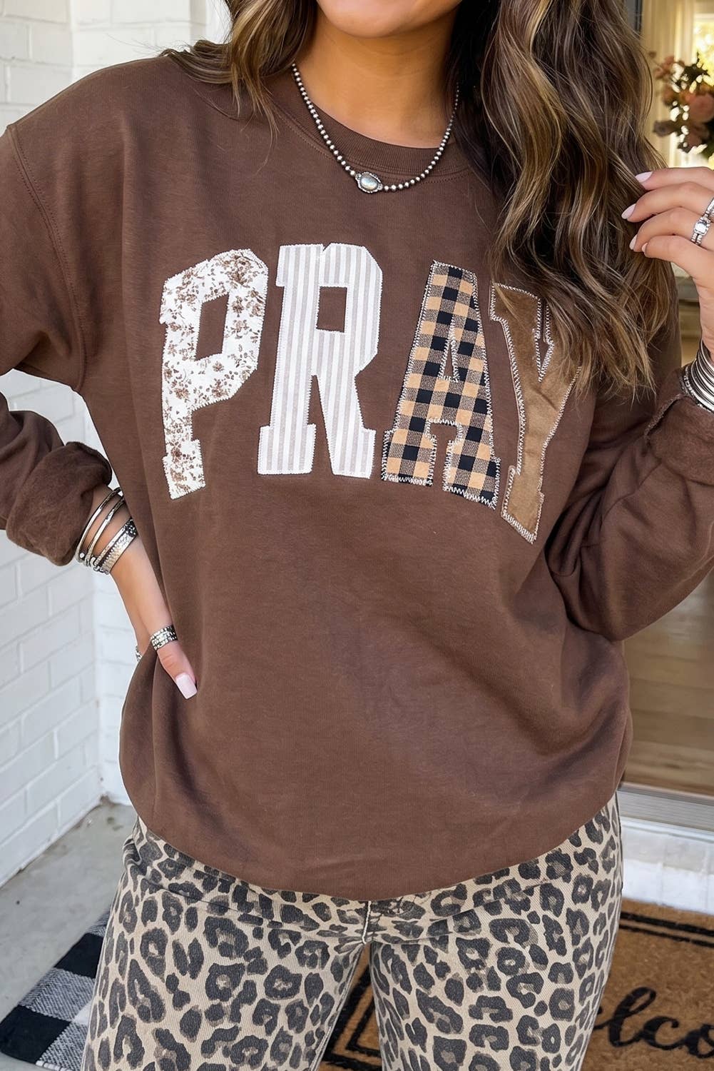 LAS Western PRAY Plaid Letter Patchwork Sweatshirt