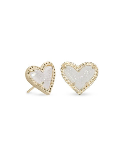 ARI HEART STUD EARRINGS - GOLD IRIDESCENT DRUSY
