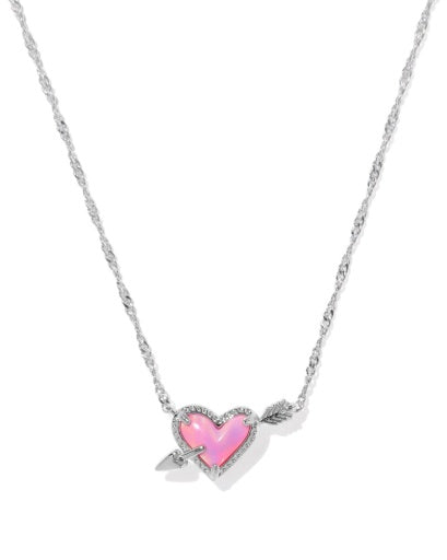 ARI HEART ARROW SHORT PENDANT NECKLACE - SILVER PINK OPALESCENT RESIN