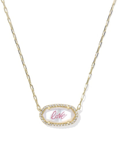 ELISA PAVE FRAME SHORT PENDANT NECKLACE - GOLD IVORY MOTHER OF PEARL LOVE SCRIPT