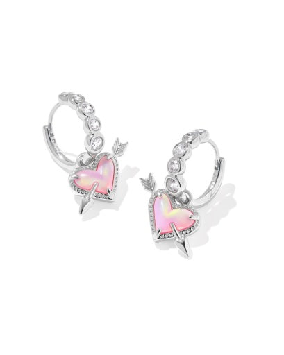ARI HEART ARROW HUGGIE EARRINGS - SILVER PINK OPALESCENT RESIN