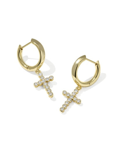 CROSS CRYSTAL HUGGIE EARRINGS - GOLD WHITE CZ
