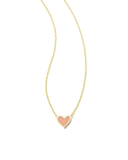 FRAMED ARI HEART SHORT PENDANT NECKLACE - GOLD LIGHT PINK DRUSY